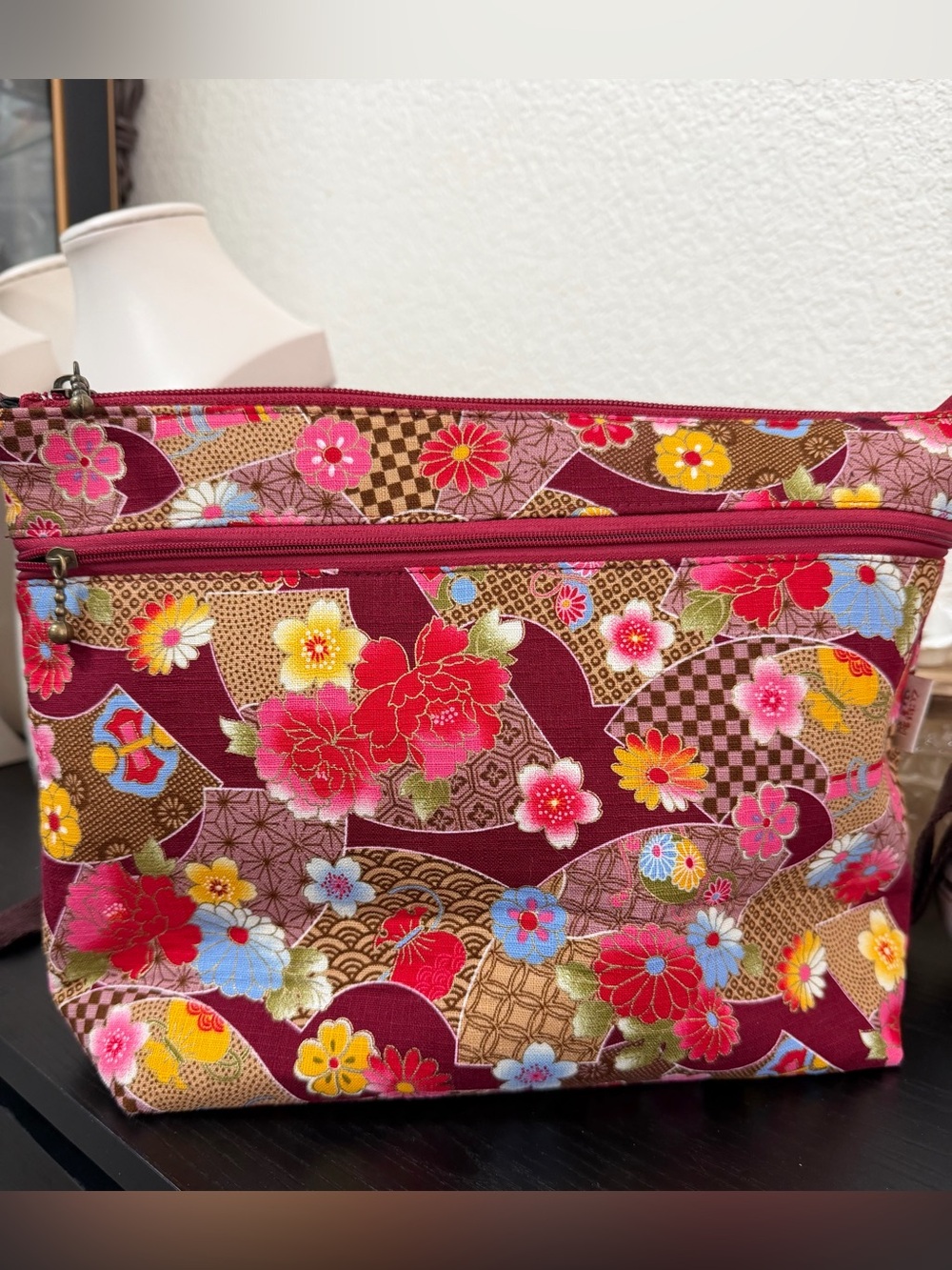 Japanese Floral Patterned Crossbody Purse- Burgundy Pink Multi